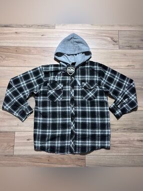 Mountain Expeditions Men's Plaid Flannel Button Up Hooded Shirt XL Black Gray